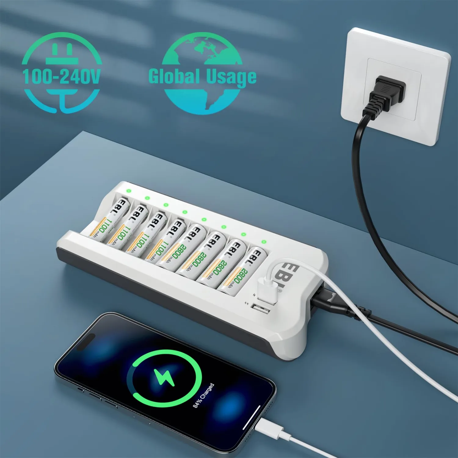 EBL 2300mAh Ni-MH AA Rechargeable Batteries (16 Pack) and Rechargeable AA AAA Battery Charger with 2 USB Charging Ports