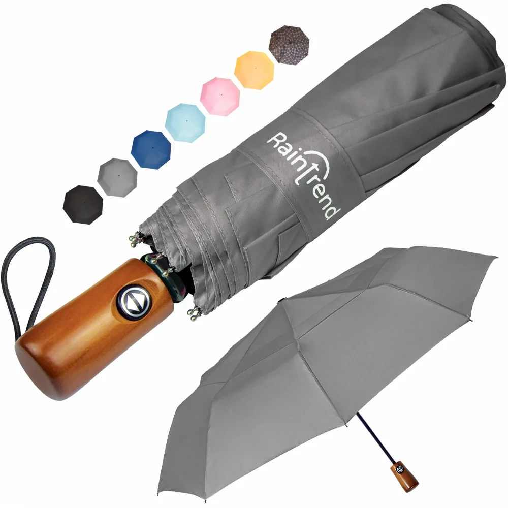 NEW Premium Grey Umbrella Windproof Umbrella Compact Umbrella Automatic Umbrella Portable Large Umbrella for Rain Umbrella Folding Gray Umbrella for Women and Men Umbrella Wooden Handle