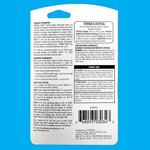 Potable Aqua Water Purification Tablets with PA Plus, Portable and Effective Water Purification Solution for Camping, Hiking, Emergencies, Natural Disasters and International Travel, Two 56ct Bottles