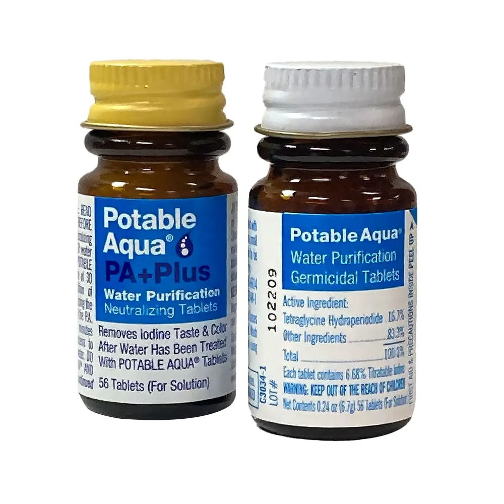 Potable Aqua Water Purification Tablets with PA Plus, Portable and Effective Water Purification Solution for Camping, Hiking, Emergencies, Natural Disasters and International Travel, Two 56ct Bottles