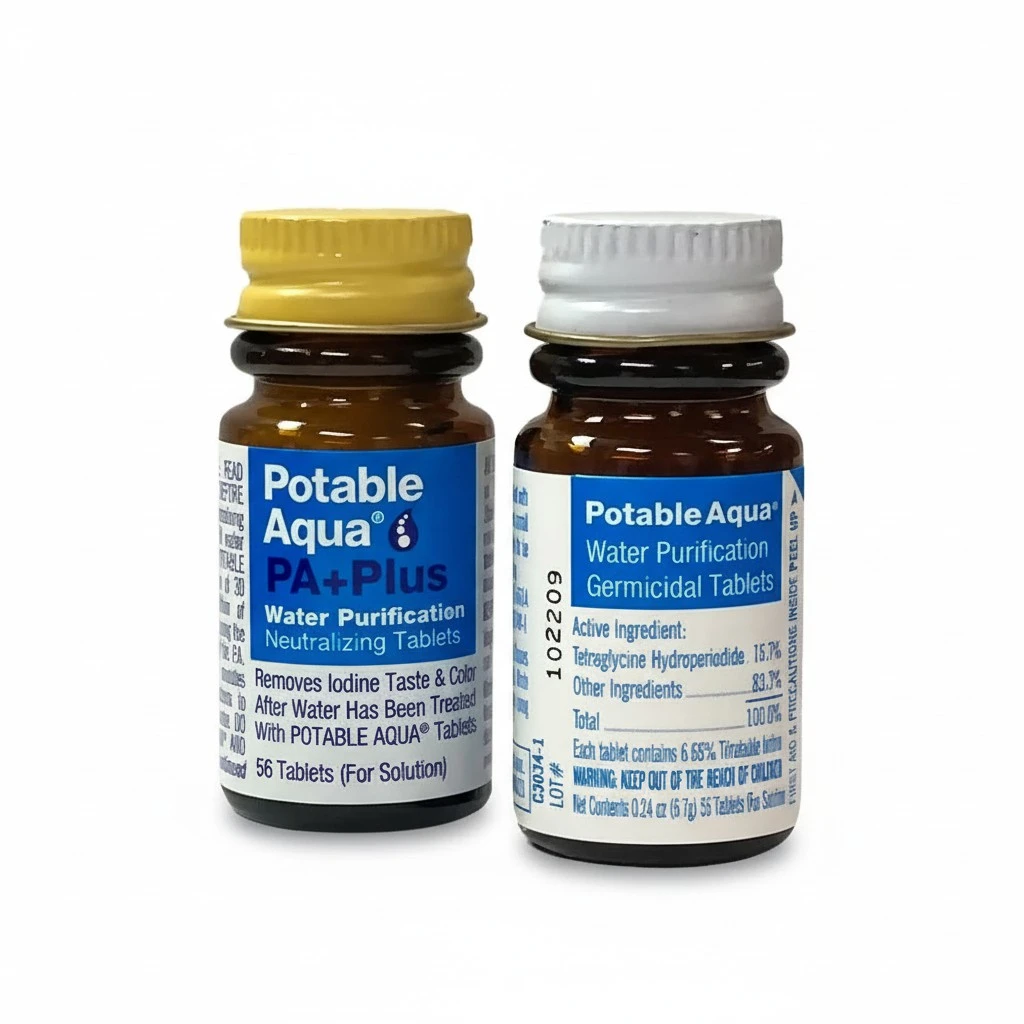 Potable Aqua Water Purification Tablets with PA Plus, Portable and Effective Water Purification Solution for Camping, Hiking, Emergencies, Natural Disasters and International Travel, Two 56ct Bottles