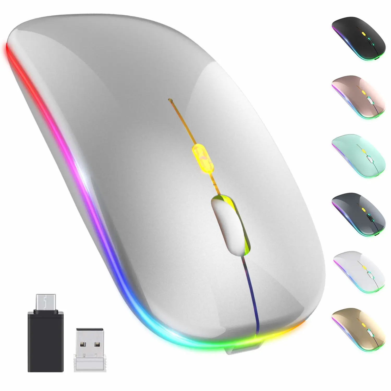 【Upgrade】 LED Wireless Mouse, Slim Silent Mouse 2.4G Portable Mobile Optical Office Mouse with USB & Type-c Receiver, 3 Adjustable DPI Levels for Notebook, PC, Laptop, Computer, MacBook (Silver)