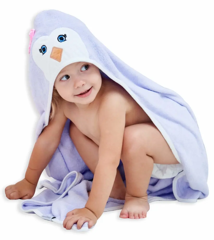 HIPHOP PANDA Hooded Towel - Rayon Made from Bamboo, Bath Towel with Bear Ears for Newborn, Babie, Toddler, Infant - Absorbent Large Baby Towel - Purple Penguin, 30 x 40 Inch