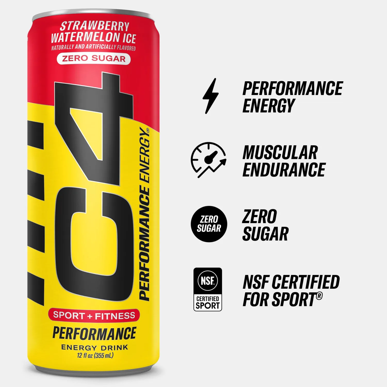 C4 Performance Energy Drink | Zero Sugar Carbonated Preworkout Energy | 150mg Caffeine with Beta Alanine | Strawberry Watermelon Ice | 12 Fl Oz (12 Pack)
