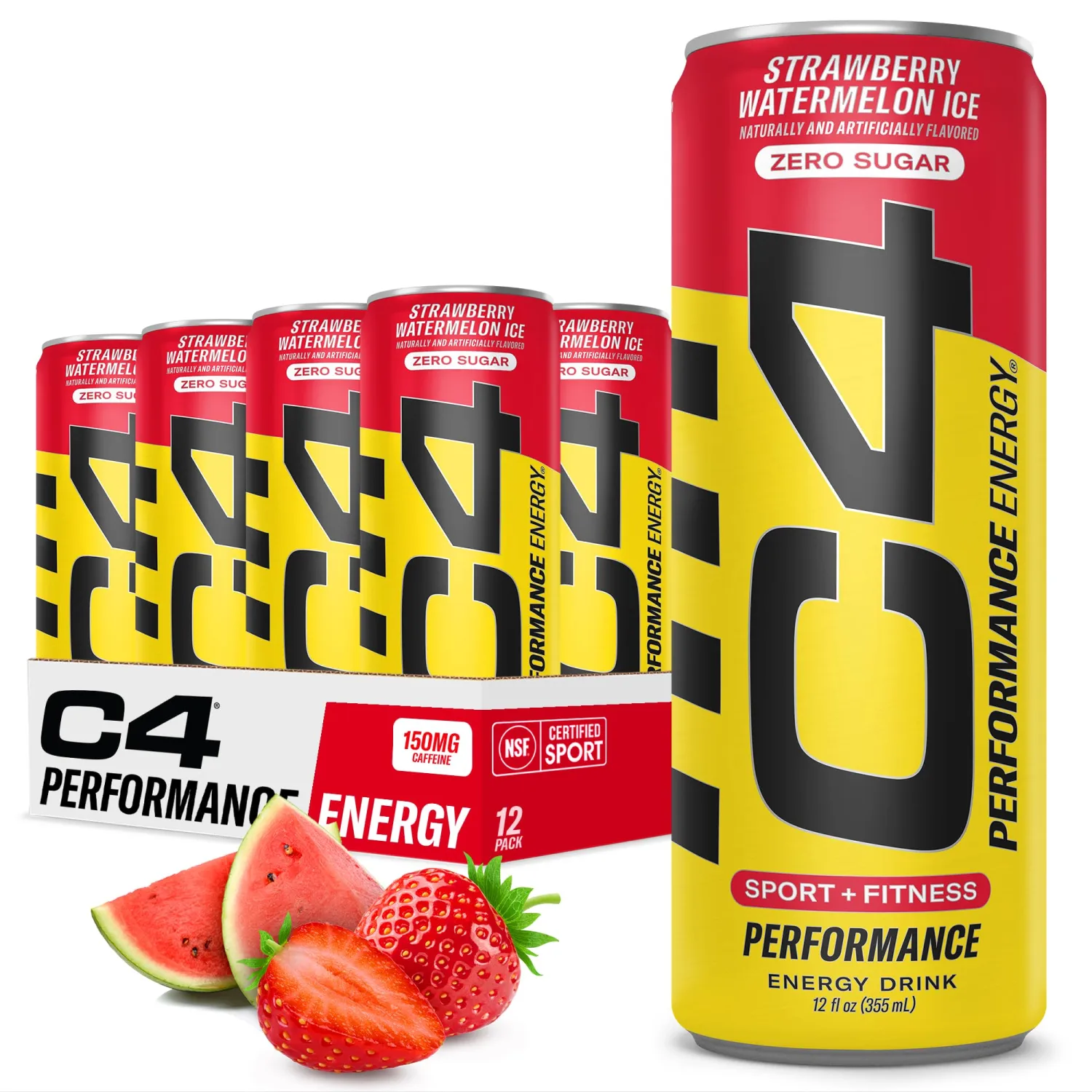 C4 Performance Energy Drink | Zero Sugar Carbonated Preworkout Energy | 150mg Caffeine with Beta Alanine | Strawberry Watermelon Ice | 12 Fl Oz (12 Pack)