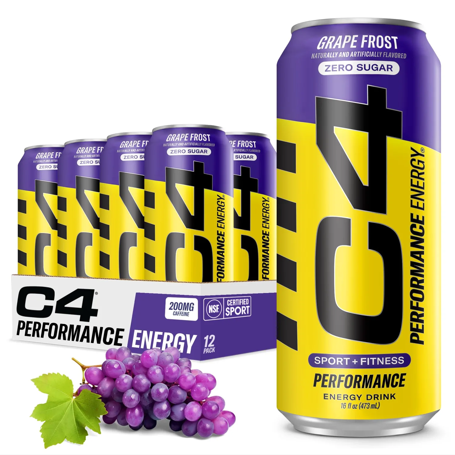 C4 Energy Carbonated Zero Sugar Energy Drink, Pre Workout Drink + Beta Alanine, Purple Frost, 16 Fl Oz (Pack of 12)