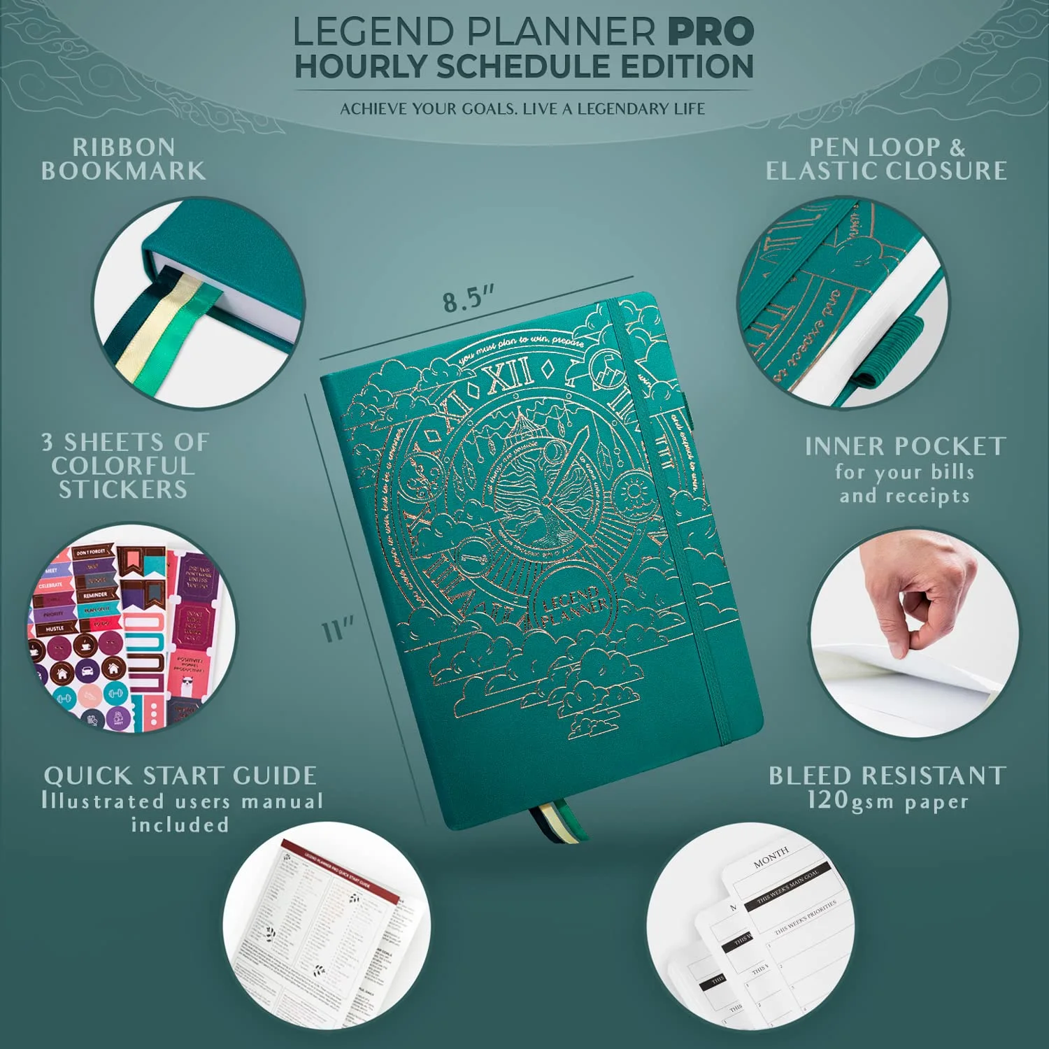 Legend Planner PRO Hourly Schedule Edition - Undated Deluxe Weekly & Daily Organizer with Time Slots. Time Management Appointment Book Journal for Work & Personal Life, A4 Size Hardcover - Viridian Green Gold Foil