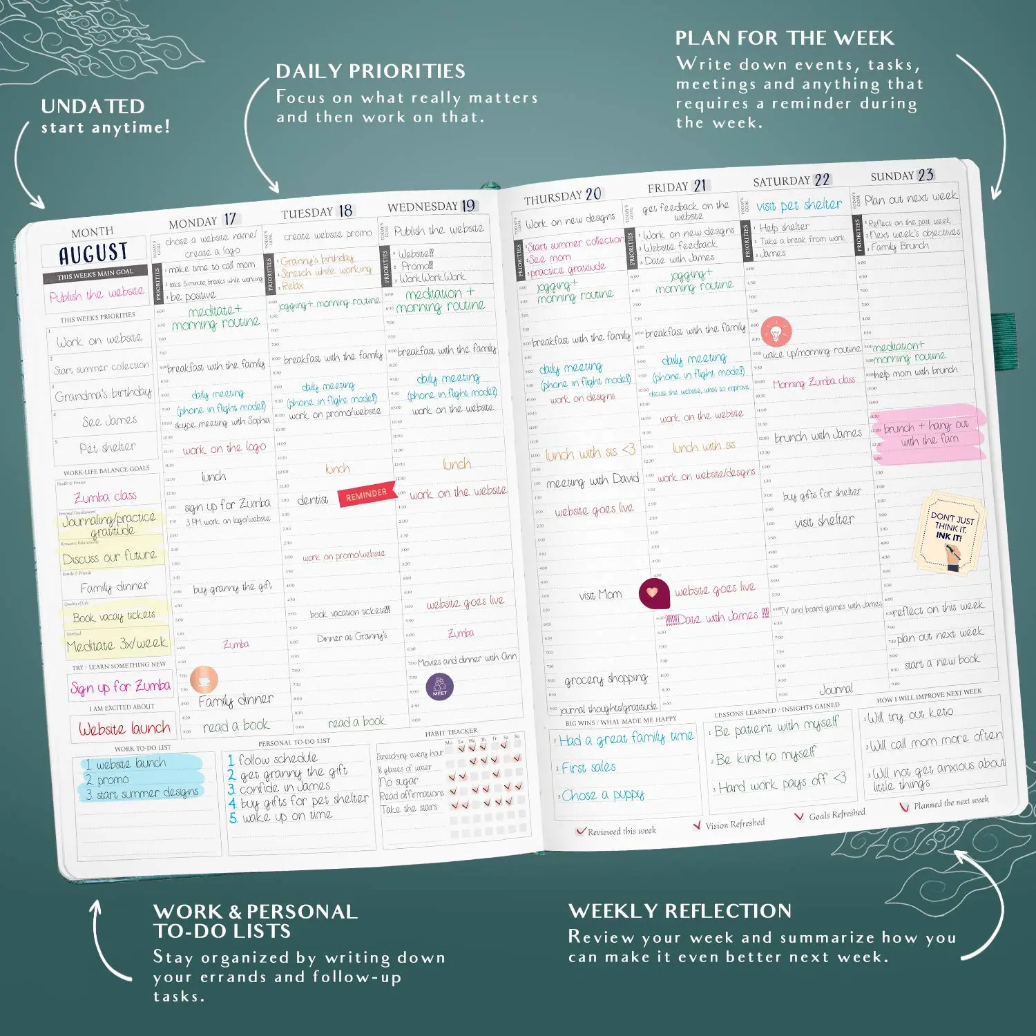 Legend Planner PRO Hourly Schedule Edition - Undated Deluxe Weekly & Daily Organizer with Time Slots. Time Management Appointment Book Journal for Work & Personal Life, A4 Size Hardcover - Viridian Green Gold Foil