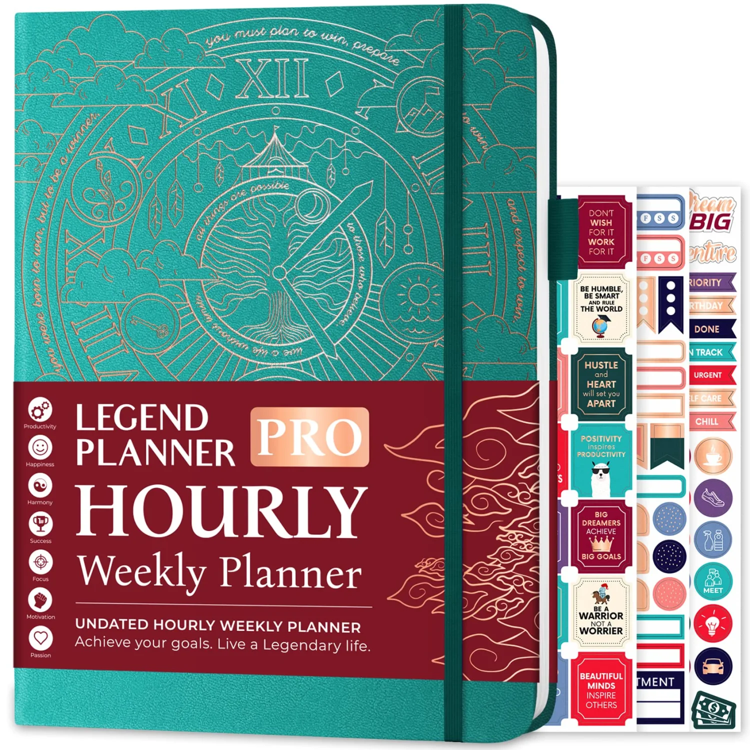 Legend Planner PRO Hourly Schedule Edition - Undated Deluxe Weekly & Daily Organizer with Time Slots. Time Management Appointment Book Journal for Work & Personal Life, A4 Size Hardcover - Viridian Green Gold Foil