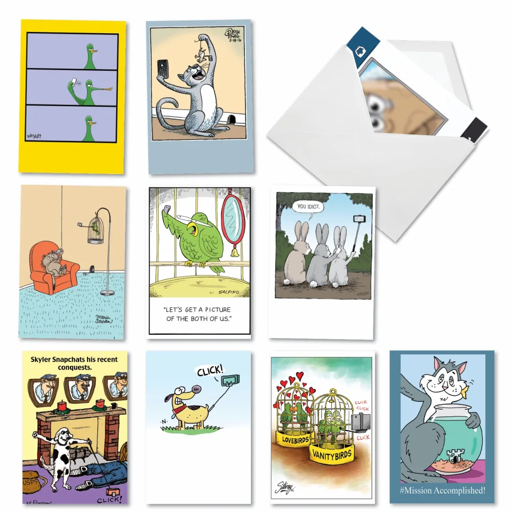 NobleWorks - 10 Assorted Happy Birthday Cards - Funny Bday Greeting Cards with Cartoons, Bulk Boxed Notecard Set - Pet Selfies A2747BDG