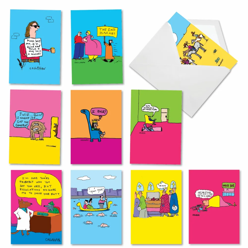 NobleWorks - 10 Assorted Happy Birthday Cards - Funny Bday Greeting Cards with Cartoons, Bulk Boxed Notecard Set - He Won't Get Far on Foot AC6222BDG-B1x10