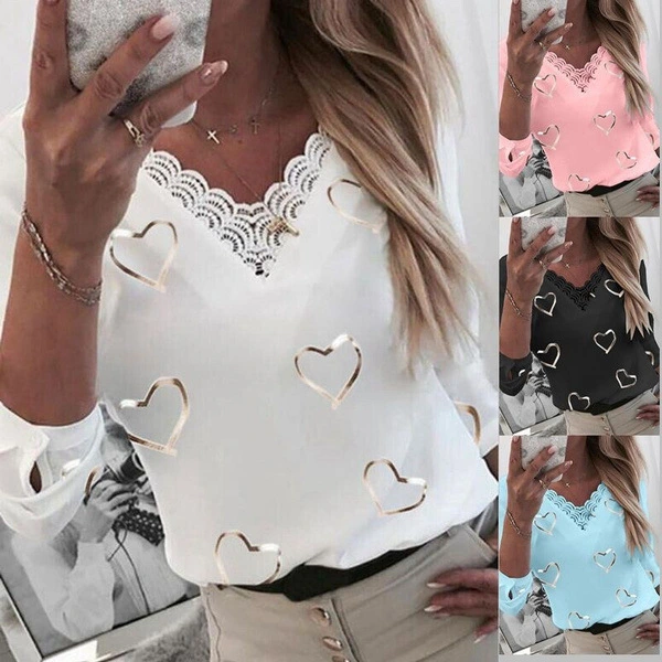 2023 new love print mid-sleeve V-neck top lace panels casual T-shirt women