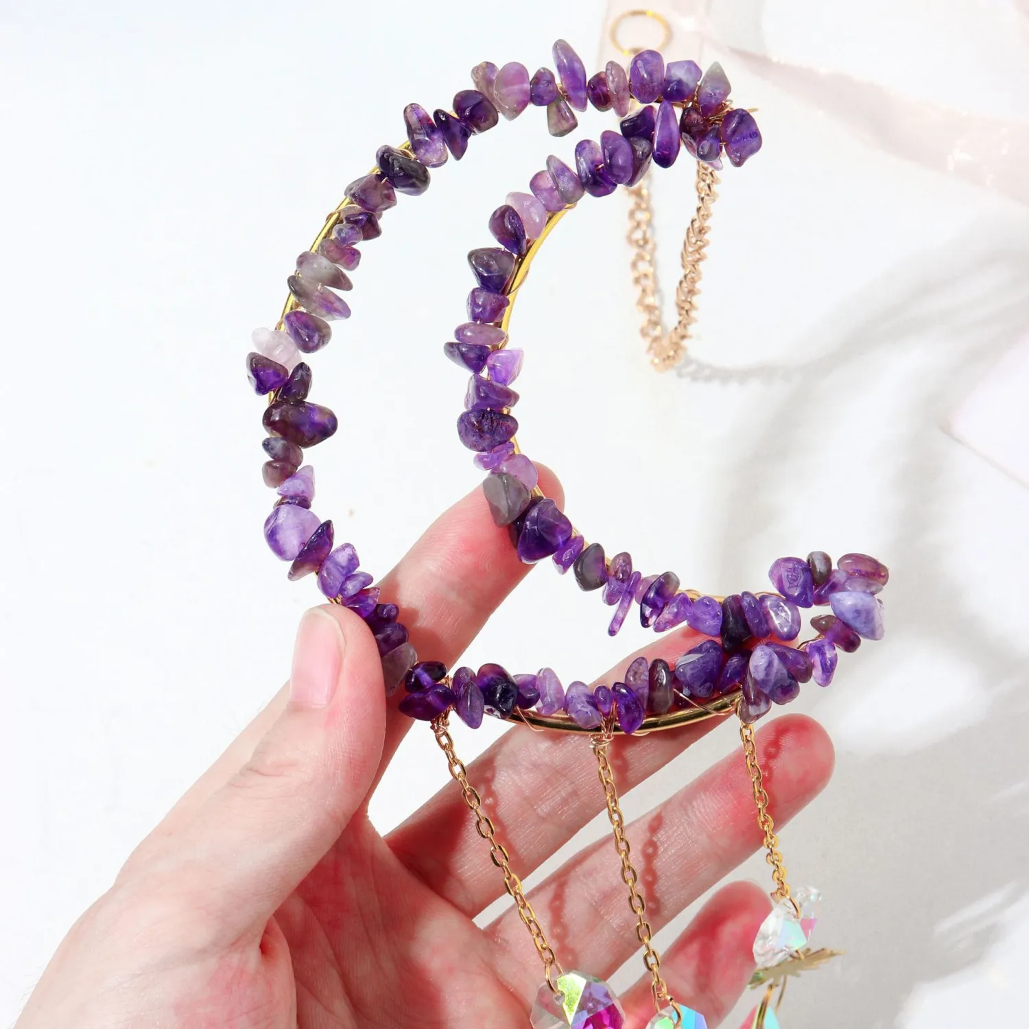 Natural Amethyst Crystal Gravel Cutout Moon Octagonal Bead Decoration