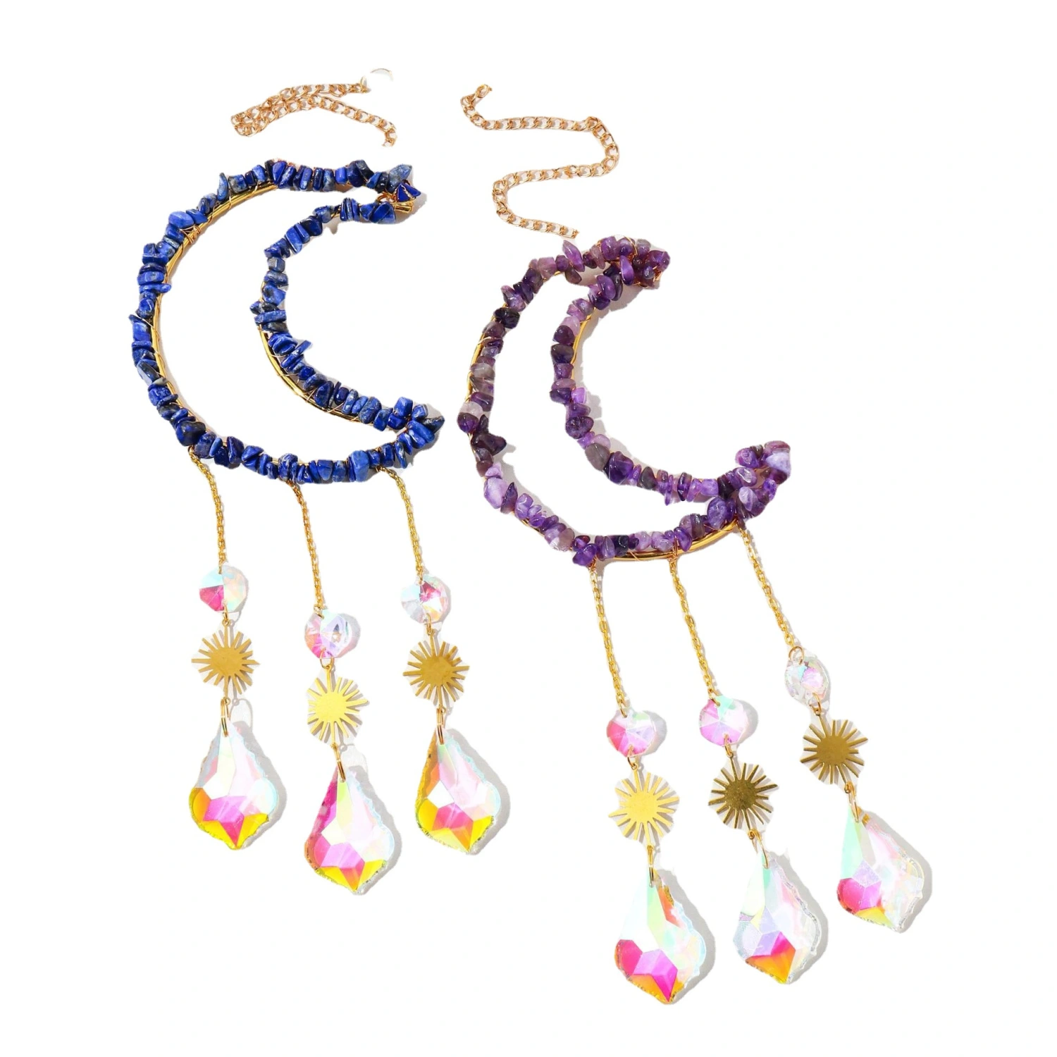 Natural Amethyst Crystal Gravel Cutout Moon Octagonal Bead Decoration