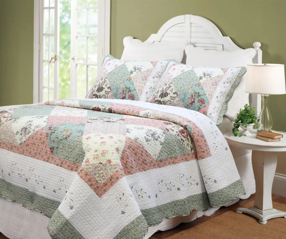 Cozy Line Home Fashions Floral Real Patchwork Green Peach Scalloped Edge Country 100% Cotton Quilt Bedding Set, Reversible Coverlet Bedspread (Celia, King - 3 Piece)