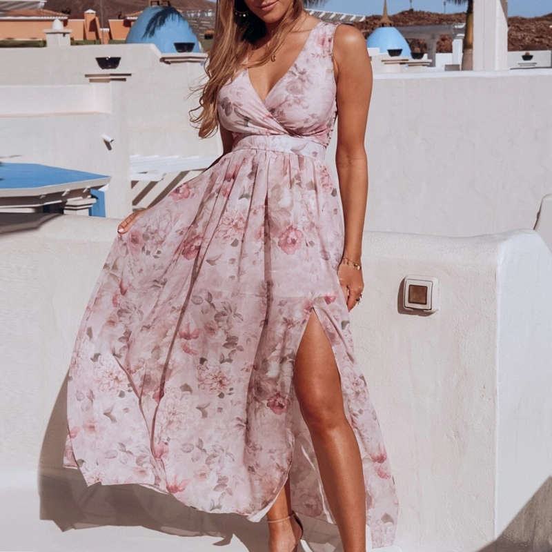 Printed chiffon split V-neck dress