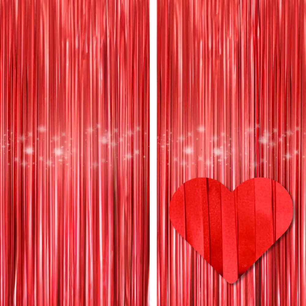 2 Pack 3.3 ft x 9.8 ft Foil Metallic Fringe Shimmer Streamers Curtains-UWANTME,Photo Backdrop Girl Princess Baby Birthday Party Wedding Event Galentines Day Decorations (Red Decor