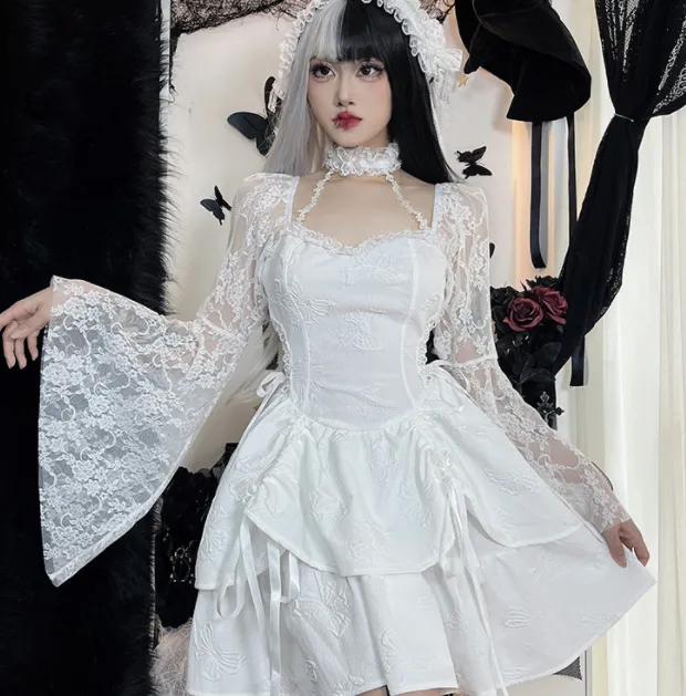Hanging Neck Double Butterfly A-Swing Lace Sleeve Dress