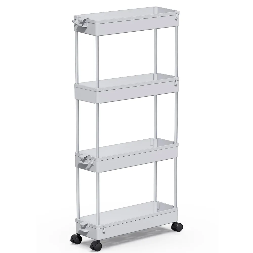 SPACEKEEPER Slim Rolling Storage Cart 4 Tier Bathroom Organizer Mobile Shelving Unit Storage Rolling Utility Cart Tower Rack for Kitchen Bathroom Laundry Narrow Places, Gray