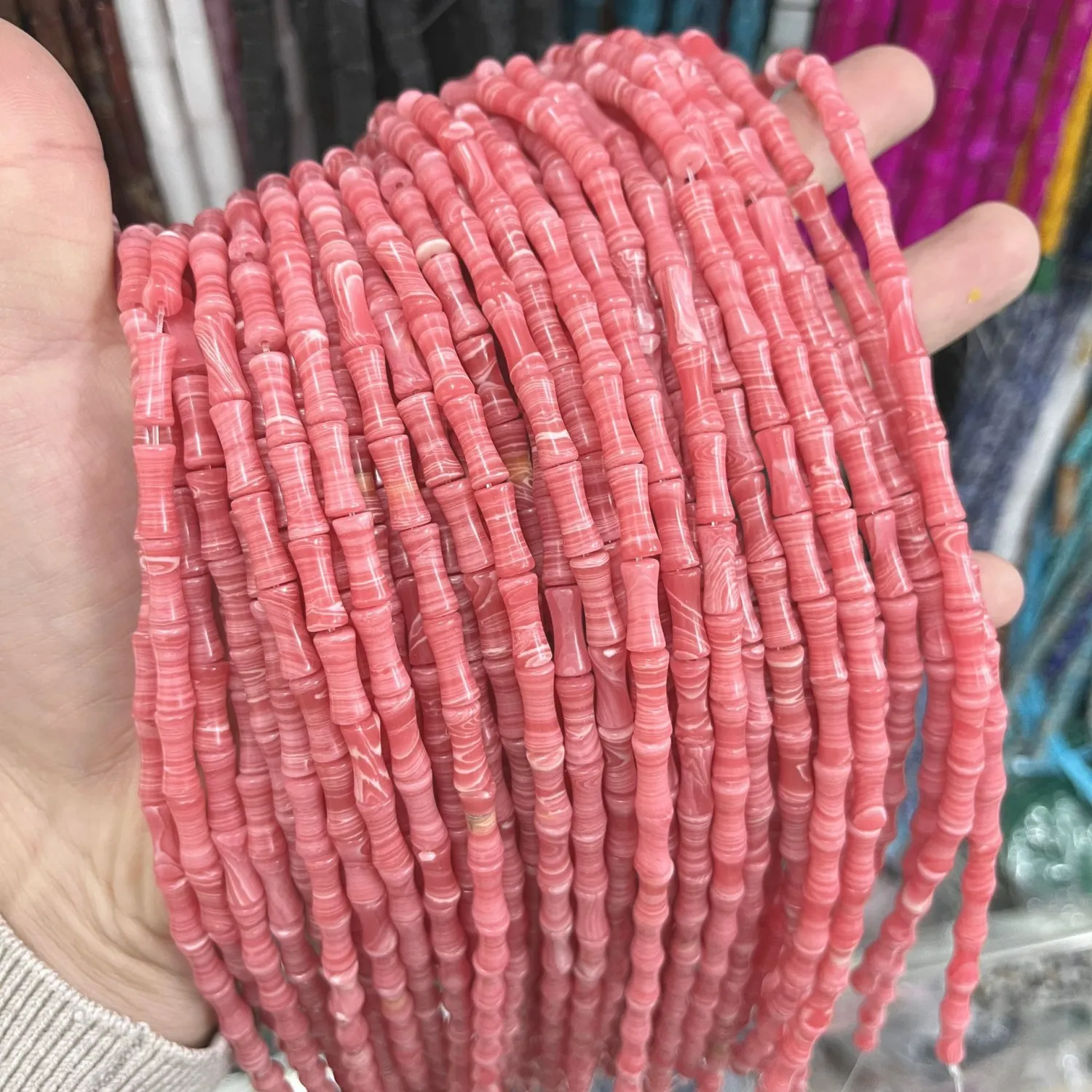 Natural Red Dongling Peridot White Jade Flower Red Stone Tube Beads Bamboo String