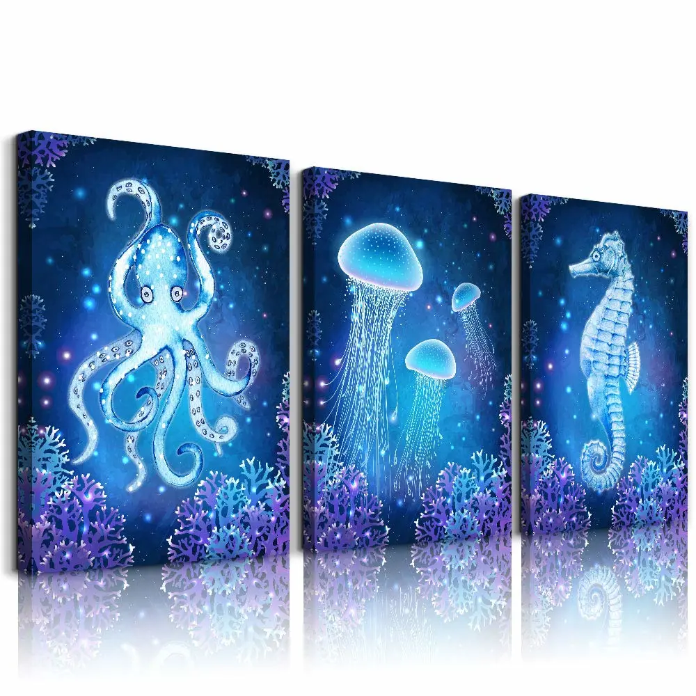 blue Ocean Life Theme Canvas Prints Wall Art Paintings for Living Room Wall Artworks Sea Animal sea horse Octopus jellyfish Pictures Bedroom Decorations 3 Panels Home bathroom Wall decor posters