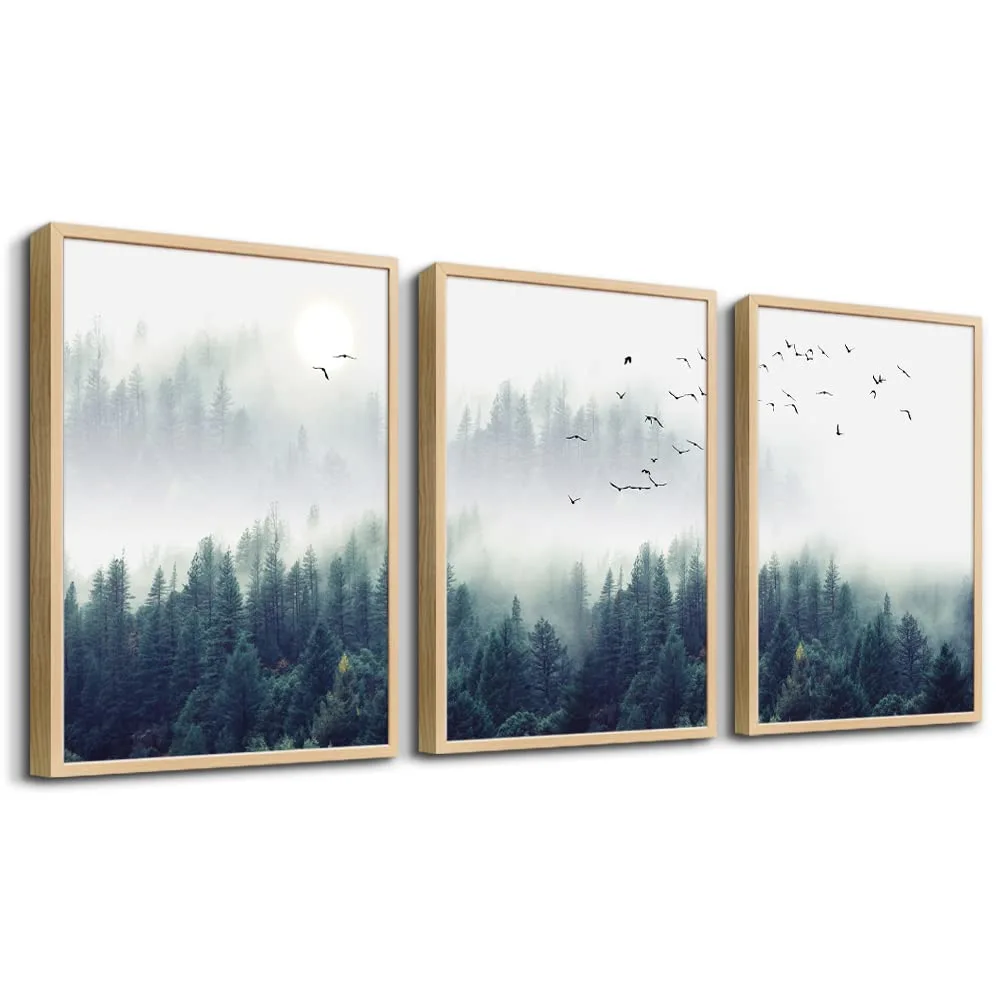 Framed Canvas Wall Art For Living Room-Wall Decorations For Bedroom Foggy Forest Trees Landscape Painting-Modern Home Decor Ready To Hang Wall Pictures Set of 3 Piece Natural Wood Framed Art Prints