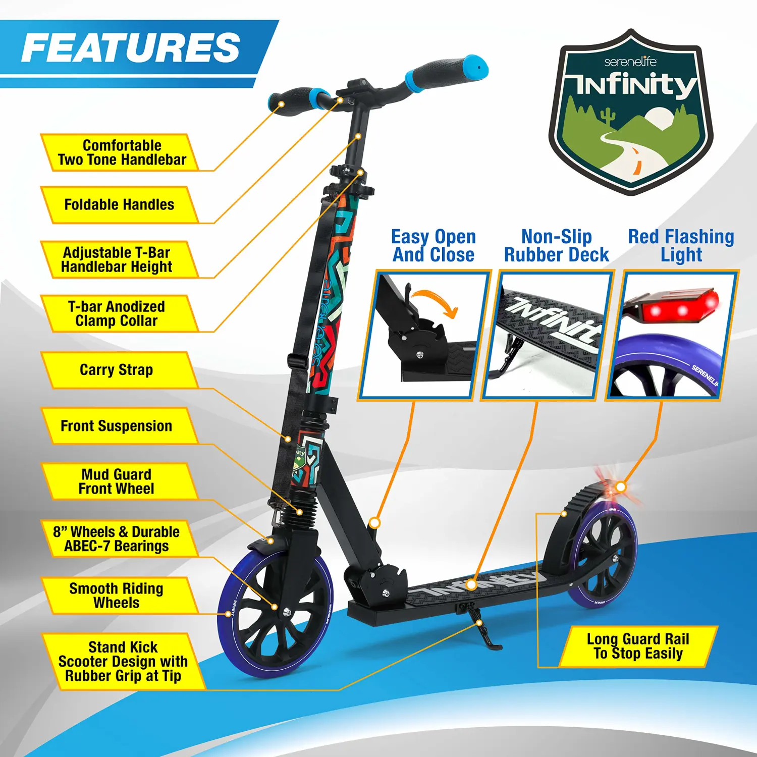 SereneLife Kick Scooter Adult Teenagers Kids- 2 Wheel Kids Scooter with Adjustable T-Bar Handlebar - Alloy Anti-Slip Deck - Portable Folding Scooters for Kids with Carrying Strap