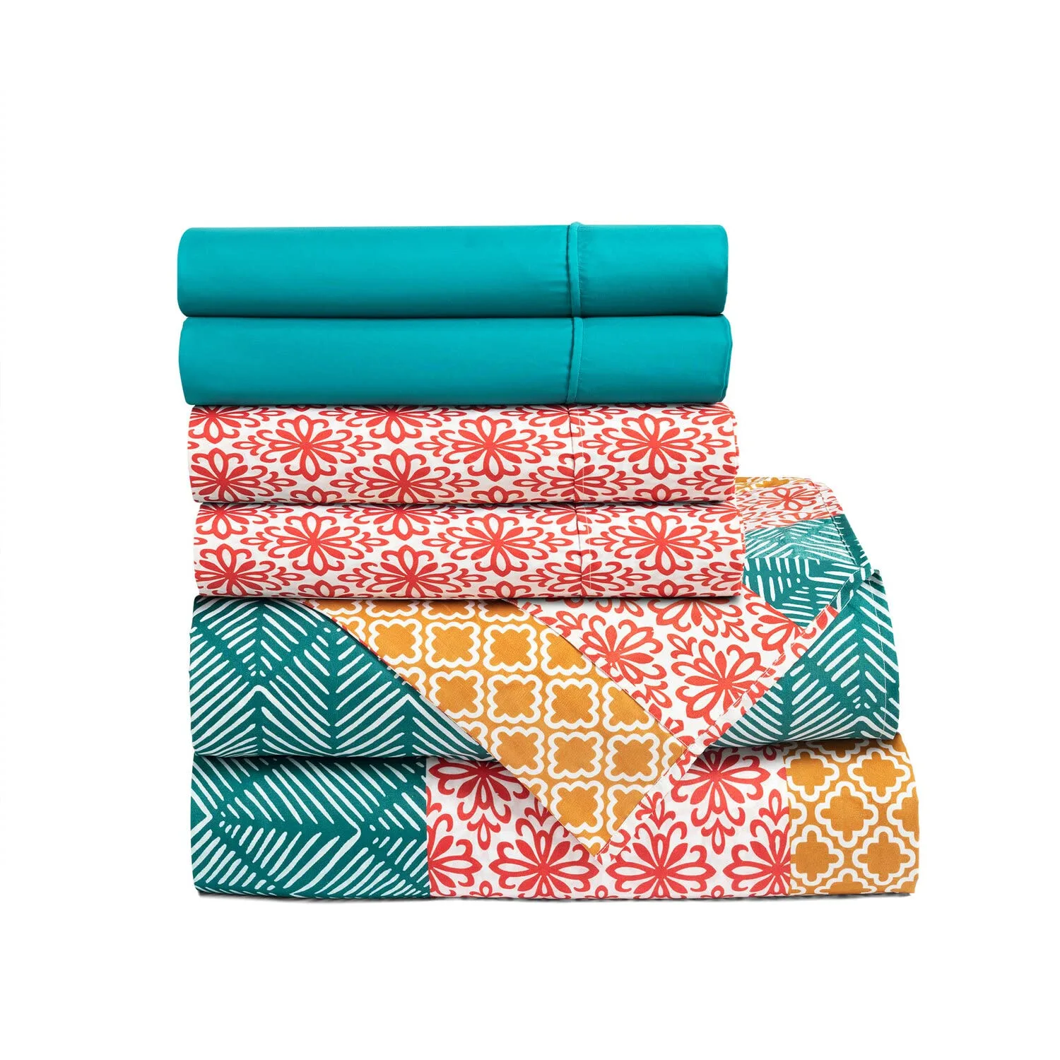 Lush Decor Bohemian Stripe 6 Piece Soft Sheet Set, King, Turquoise & Orange - Microfiber Bedding Set