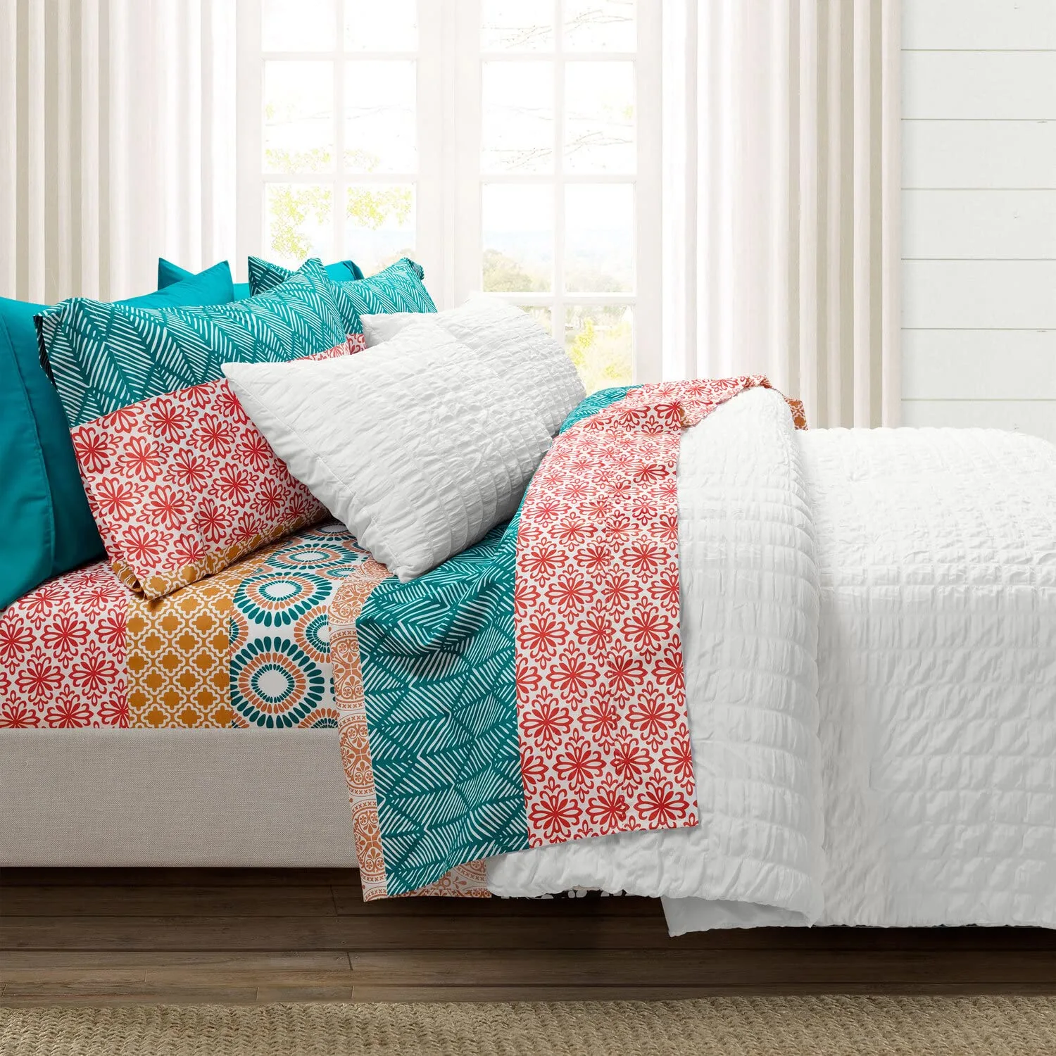 Lush Decor Bohemian Stripe 6 Piece Soft Sheet Set, King, Turquoise & Orange - Microfiber Bedding Set