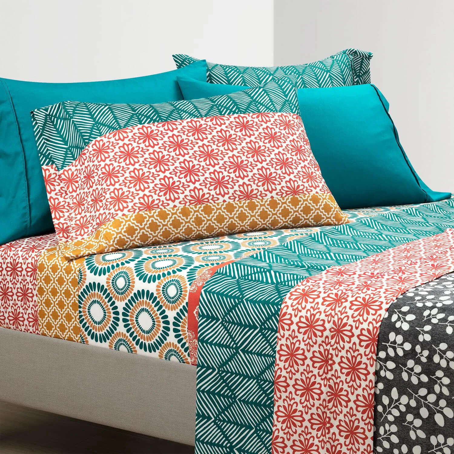 Lush Decor Bohemian Stripe 6 Piece Soft Sheet Set, King, Turquoise & Orange - Microfiber Bedding Set