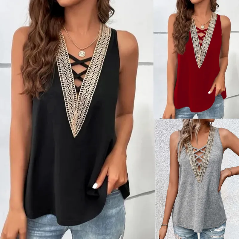 2023 Women's V Neck Lace Loose Tank Top Shirt