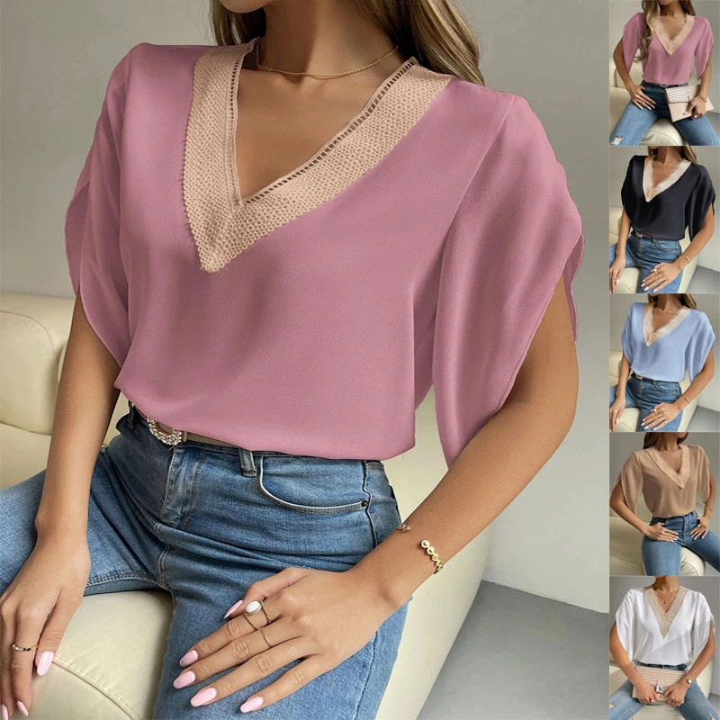 2023 spring and summer new women's V-neck lace solid color short-sleeved chiffon shirt