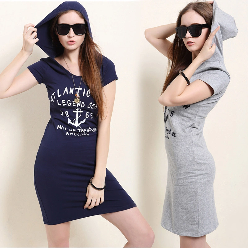 2023 Summer Hooded Letter Anchor Print Casual Short Sleeve Dress