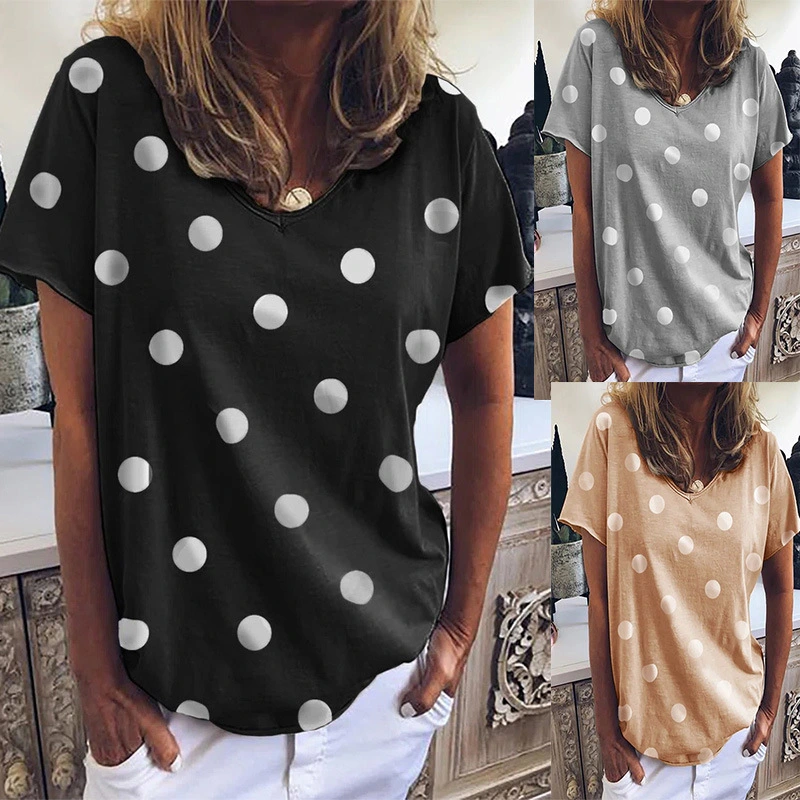 2023 European and American Summer New Wave Dot Print V-neck Loose Short Sleeve Casual T-shirt Women's Wear