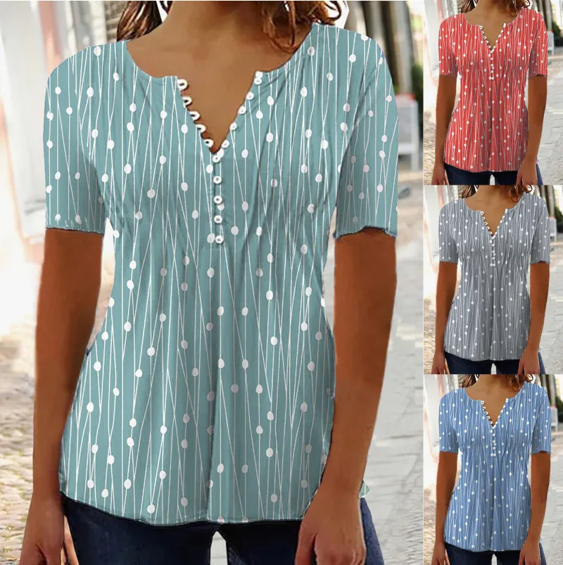 2023 European and American spring and summer new v-neck polka dot short-sleeved shirt shirt