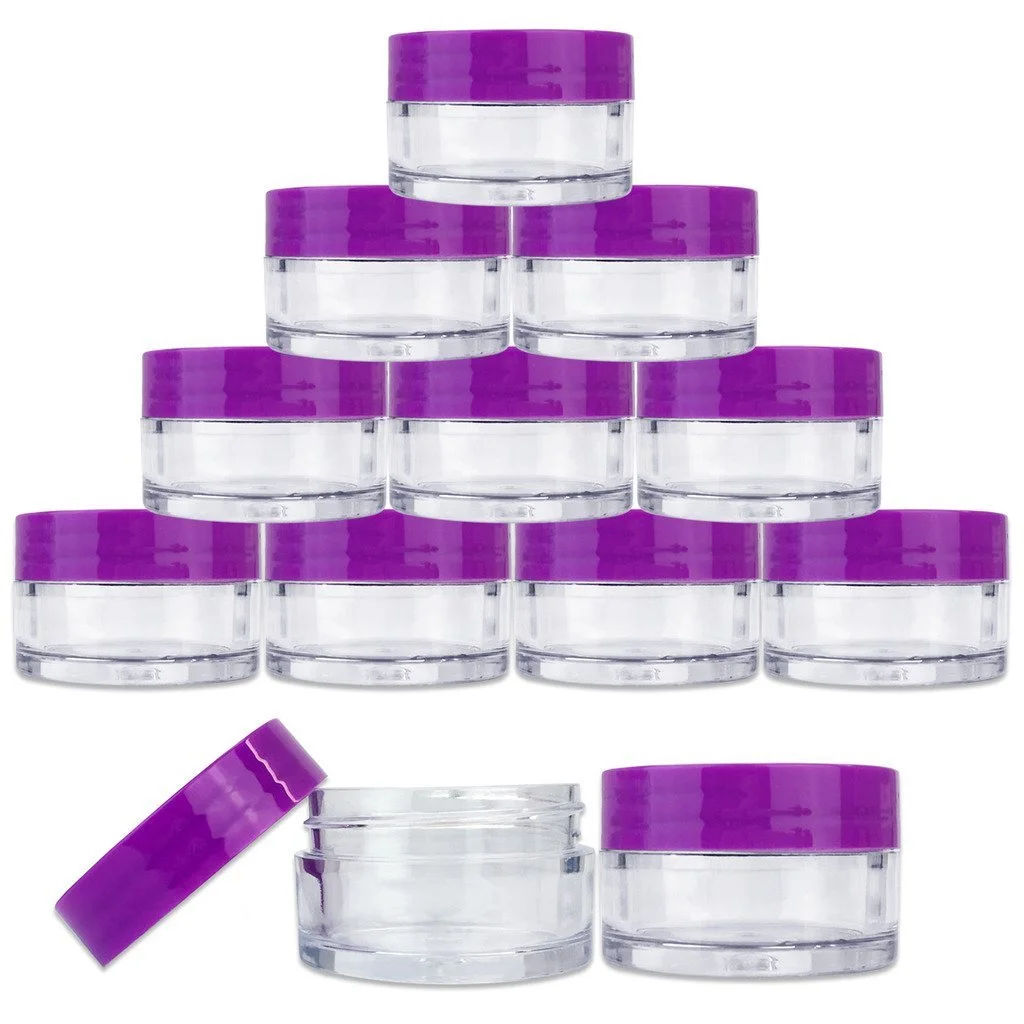 Beauticom 20 gram/20ml Empty Clear Small Round Travel Container Jar Pots with Lids for Make Up Powder, Eyeshadow Pigments, Lotion, Creams, Lip Balm, Lip Gloss, Samples (12 Pieces, Purple)