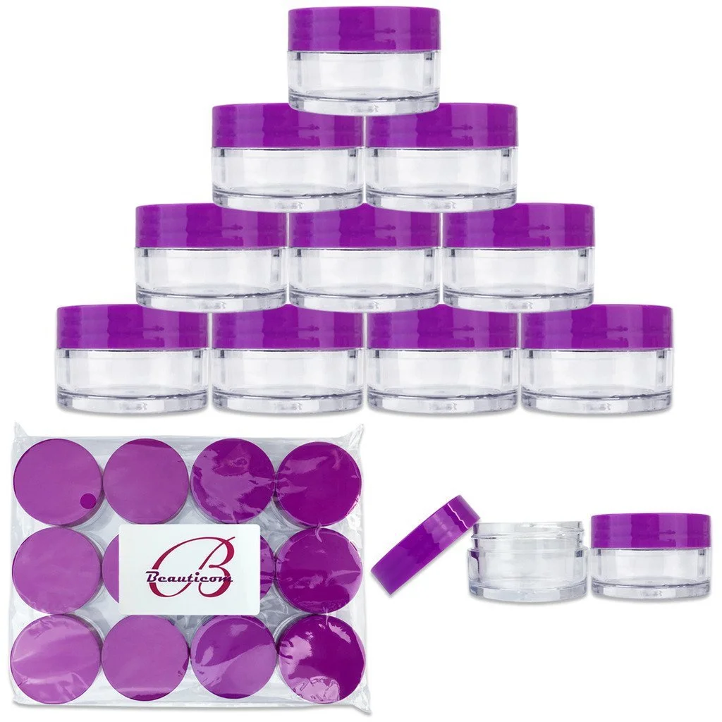 Beauticom 20 gram/20ml Empty Clear Small Round Travel Container Jar Pots with Lids for Make Up Powder, Eyeshadow Pigments, Lotion, Creams, Lip Balm, Lip Gloss, Samples (12 Pieces, Purple)