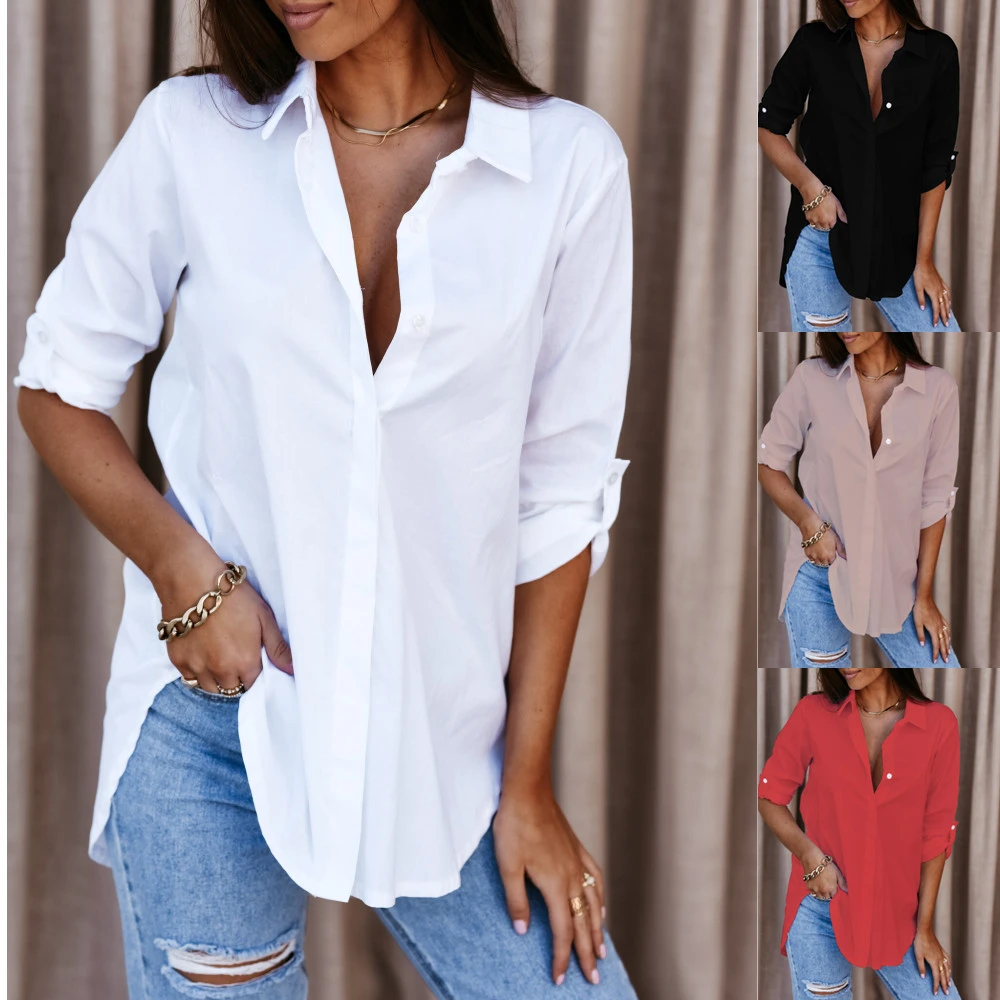 2023 hot style autumn simple long-sleeved V-neck button ladies shirt shirt women