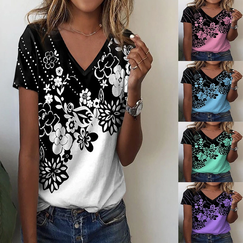 2023 spring and summer new women's clothing flower print V-neck short-sleeved printed T-shirt