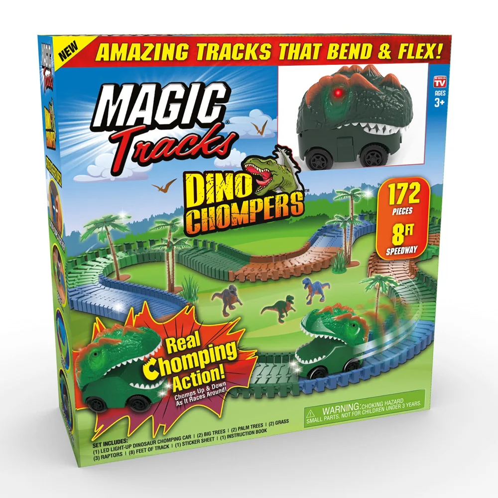 Ontel Magic Tracks Dino Chompers, 8 Feet of Track with Real Chomping Action Dino Car, Ages 3+