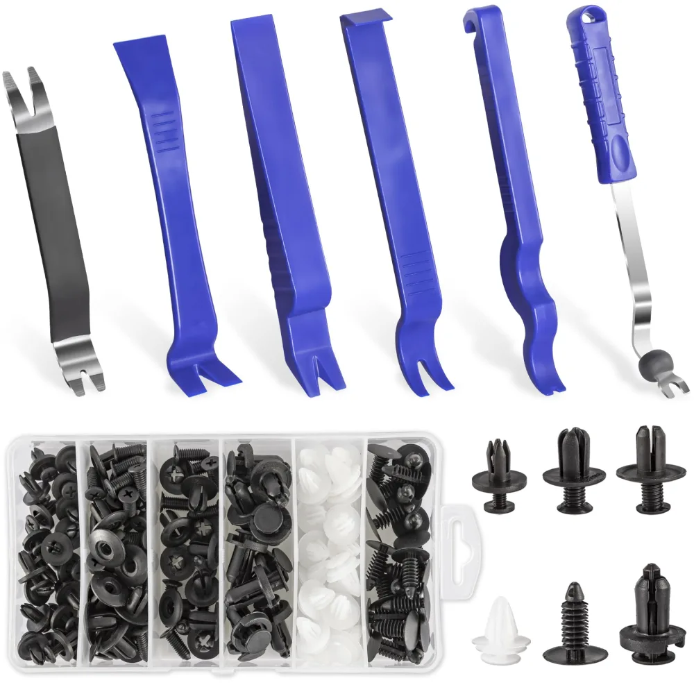 LivTee Auto Trim Removal Tool Kit, Clip Fastener Remover Pry Tools Set,100 Pcs Bumper Retainer Clips Car Plastic Rivets Fasteners Push Retainer Kit with 6 Pcs Storage Removal Tool, Blue