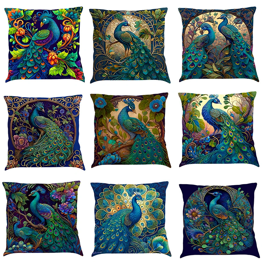 Classic Oil Painting Peacock Cotton Linen Pillowcase