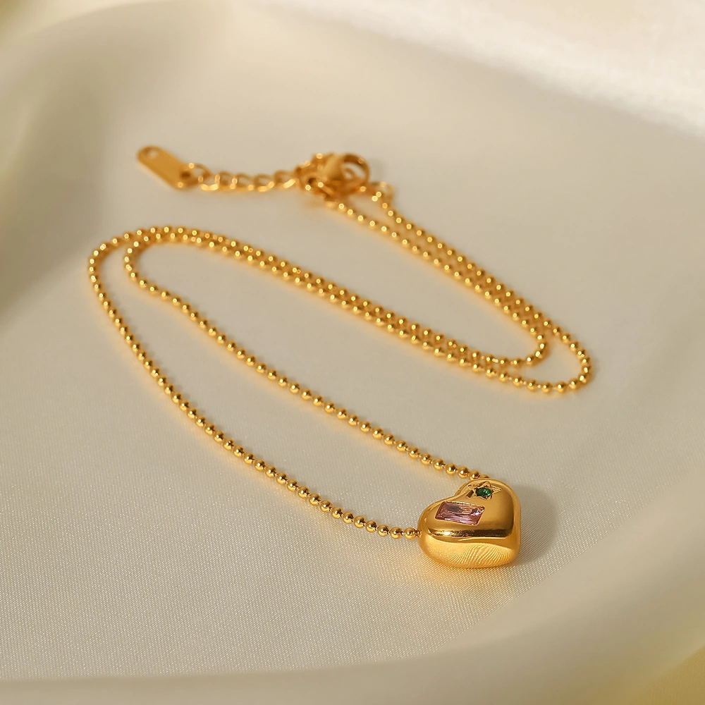 18K Gold Bead Chain With Zirconium Heart Shaped Pendant Women's Fashion Necklace