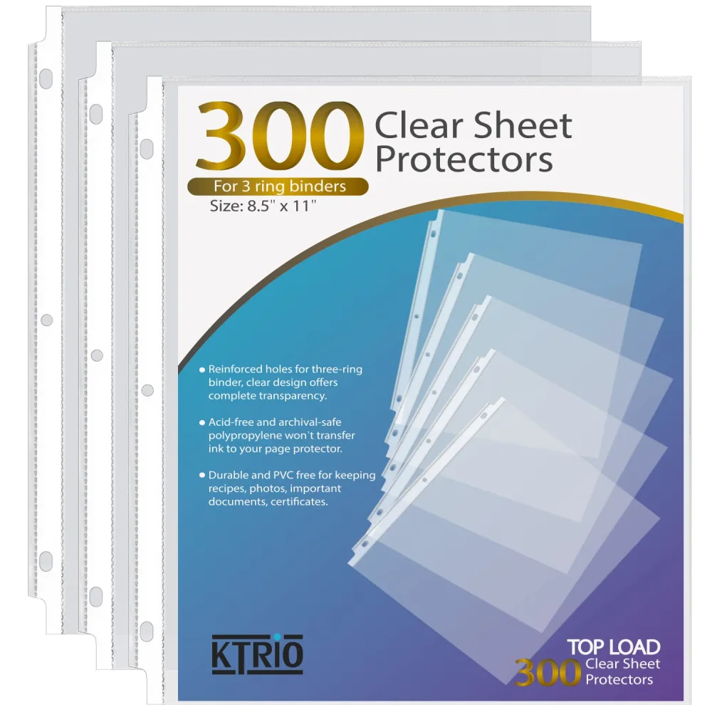 KTRIO Sheet Protectors 8.5 x 11 inch, Clear Page Protector for 3 Ring Binder, Plastic Sleeves for Binders, Top Loading Paper Sheets Document Sleeve Letter Size, Office & Home, 300 Pack