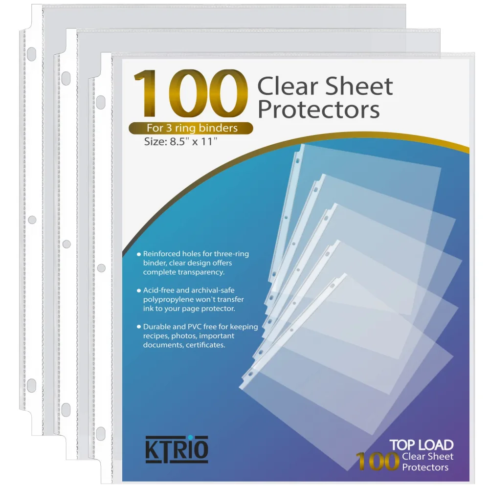 KTRIO Sheet Protectors 8.5 x 11 inch, Clear Page Protector for 3 Ring Binder, Plastic Sleeves for Binders, Top Loading Paper Sheets Document Sleeve Letter Size, Office & Home, 100 Pack