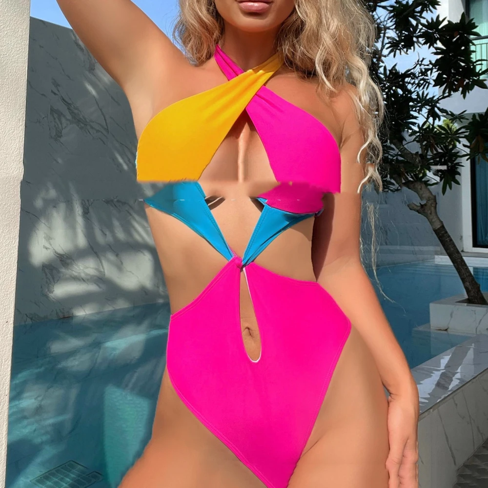 Contrast Splicing One-piece Neck Matching Swimsuit