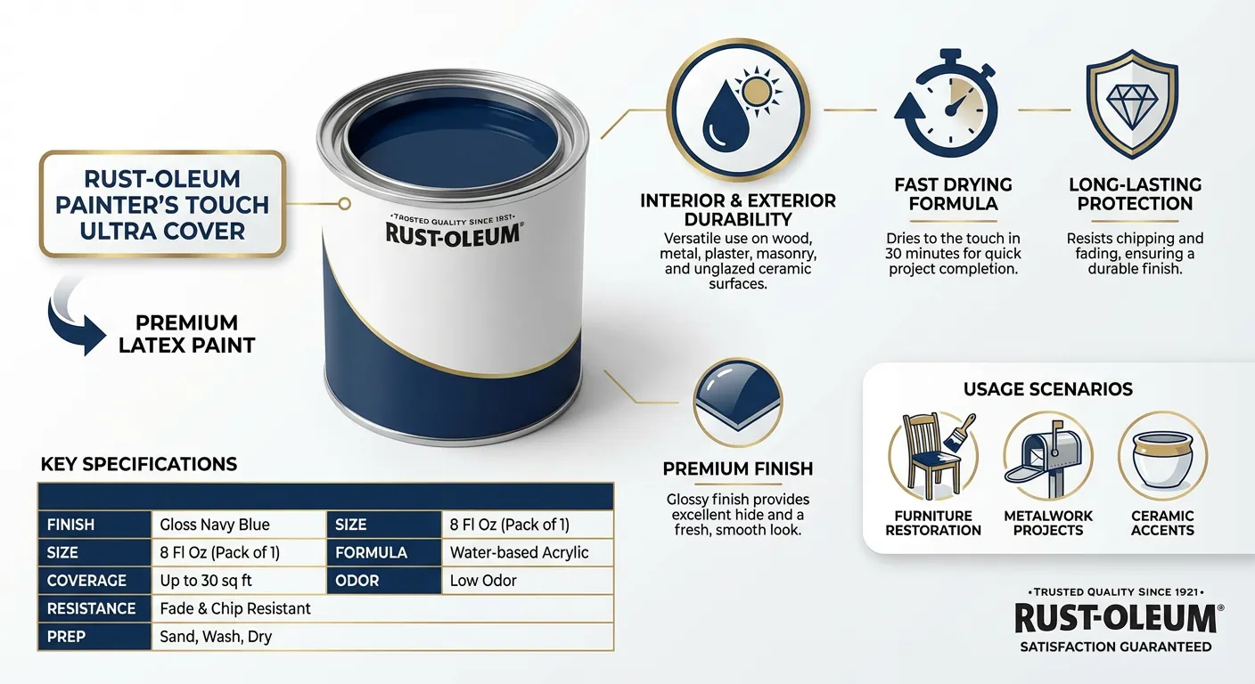 Rust-Oleum 1922730 Painter's Touch Brush Enamel Paint, 8 Fl Oz (Pack of 1), Gloss Navy Blue