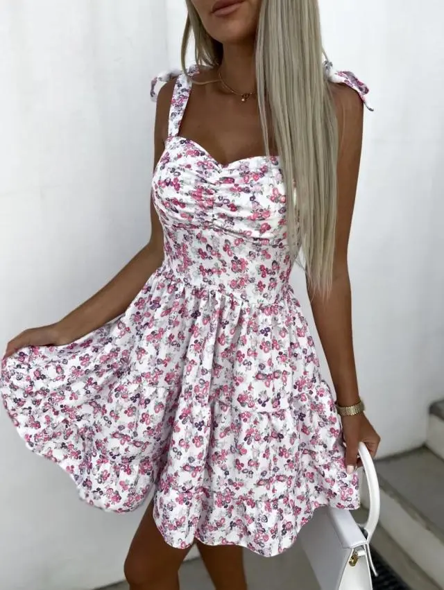 Printed Waisted Fashion Pleated Dress