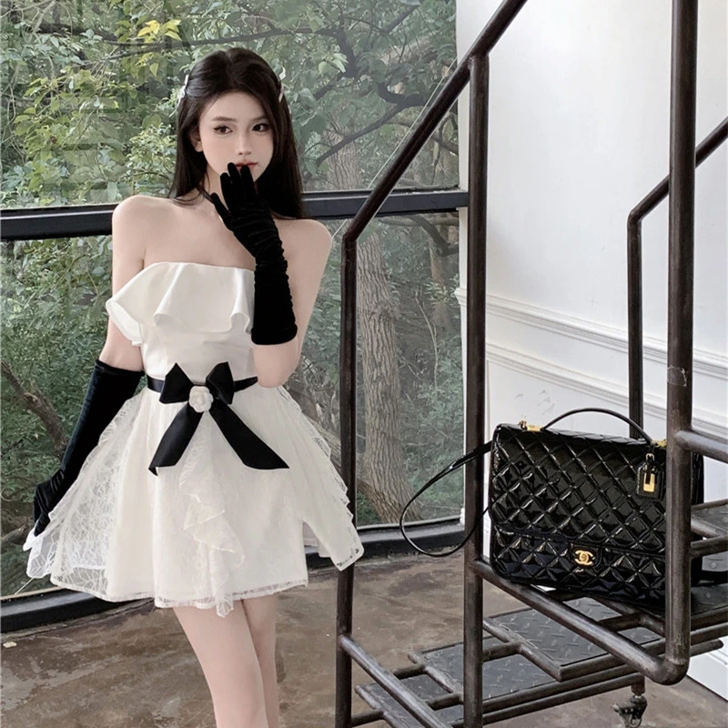 Women's Fashion Bow Waistband Bustier Lace Dress