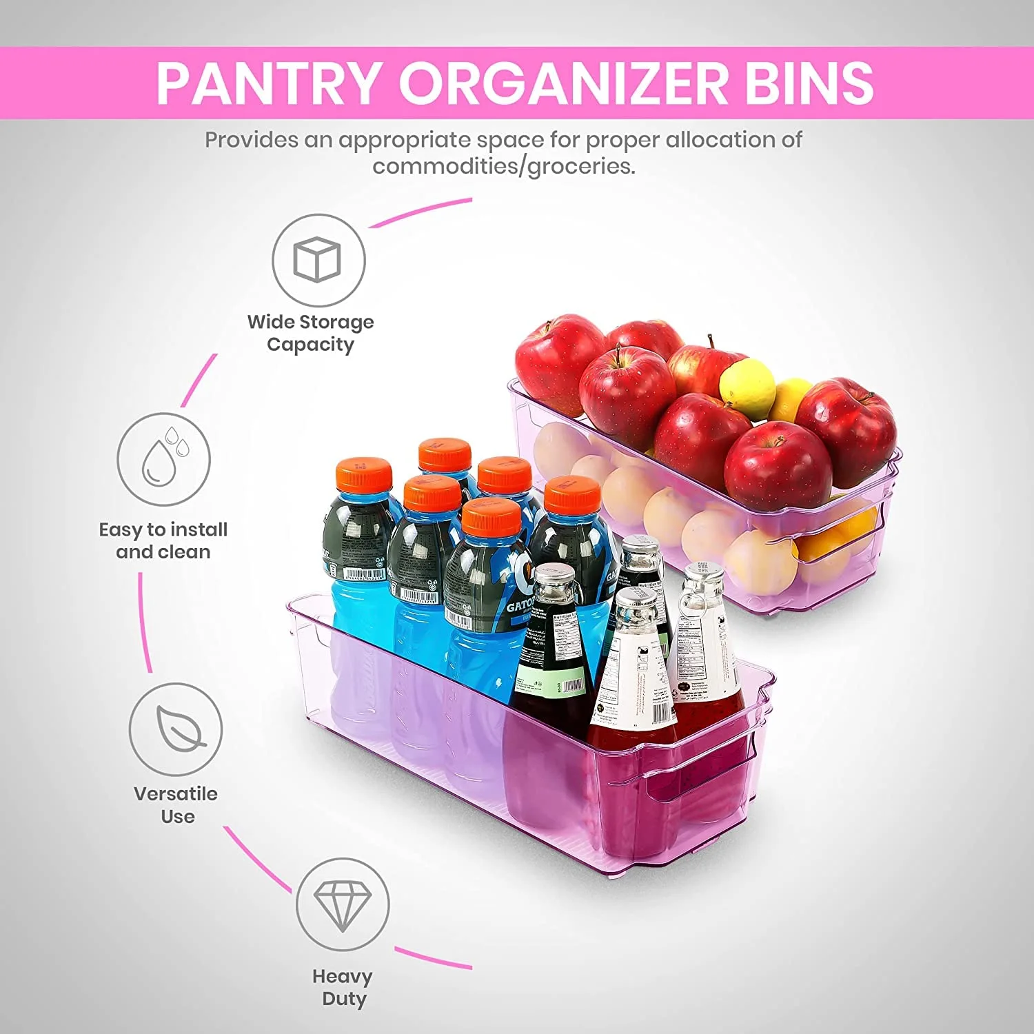 Utopia Home Fridge Organizers and Storage Clear - Set of 16 (8 Large & 8 Medium) Refrigerator Organizer Bins - Kitchen Organization - BPA Free Panrty Organizers and Storage (Pink)